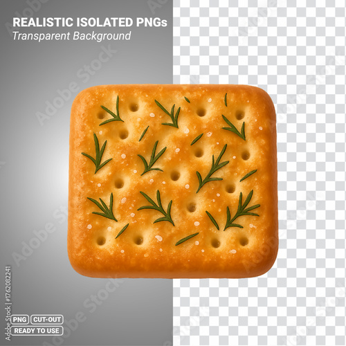 Herb Cracker with Rosemary Sprigs and Coarse Salt Realistic Baked Texture Transparent PNG file ready to be used.