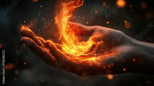 A person's hands hold a vibrant, dynamic flame, creating a magical and powerful image with sparks and glowing embers.