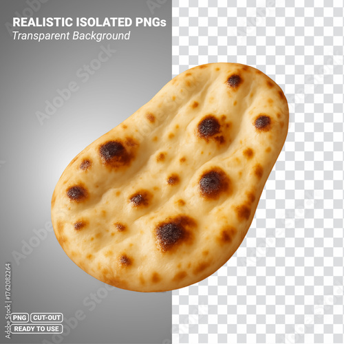 Plain Naan Soft Leavened Flatbread Side for Curry and Dal Transparent PNG file ready to be used.