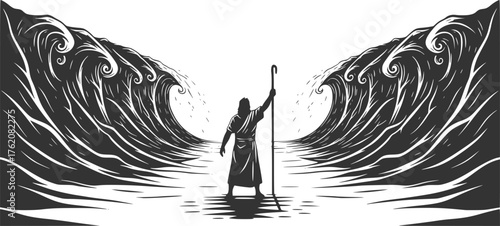 Black Vector Silhouette: Moses Parting the Red Sea A dramatic black vector silhouette depicting Moses standing on a shore with his staff raised, facing the sea,