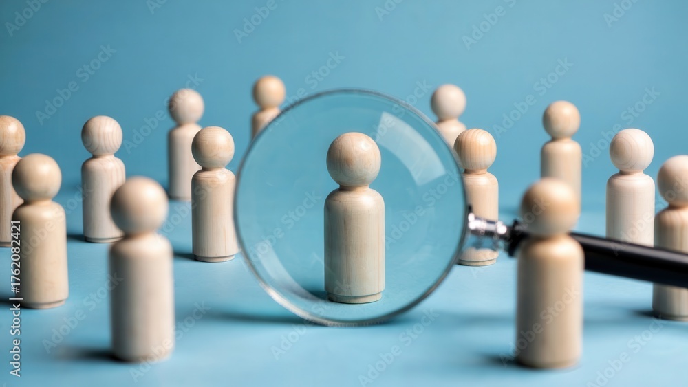Obraz premium Magnifying glass focusing on a wooden figure among other wooden figures