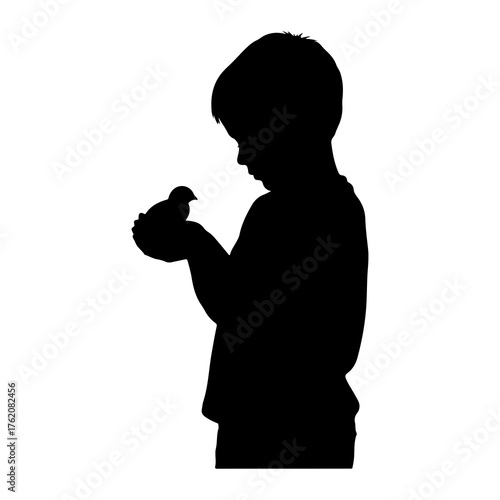 Boy holding small bird silhouette child