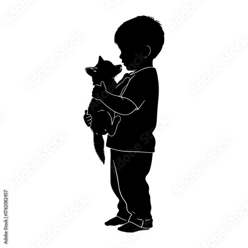 Boy holding puppy silhouette black and white