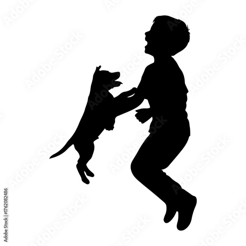 Boy playing with dog jumping happy