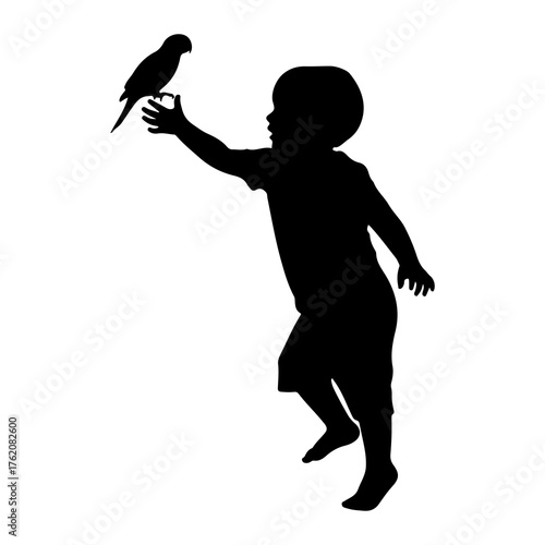 Child feeding bird silhouette hand