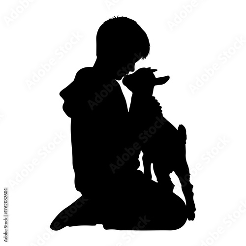 Child embracing young goat silhouette embrace