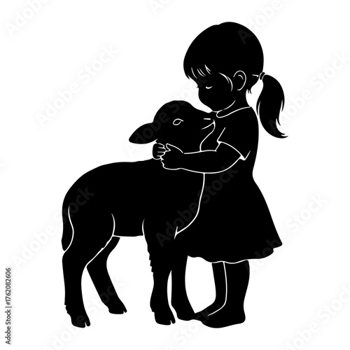 Child embracing lamb silhouette embrace black