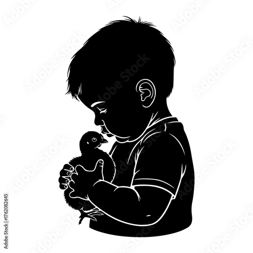 Child holding chick baby bird silhouette