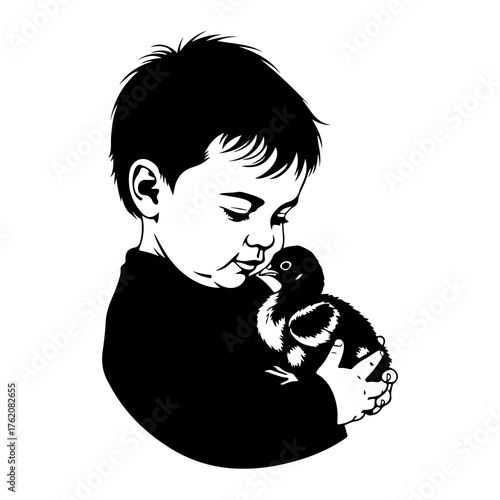 Child holding duckling baby bird
