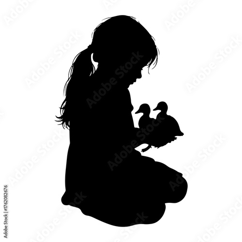 Child holding ducklings silhouette girl baby ducks