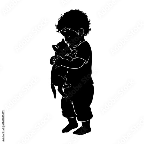 Child holding kitten silhouette embrace