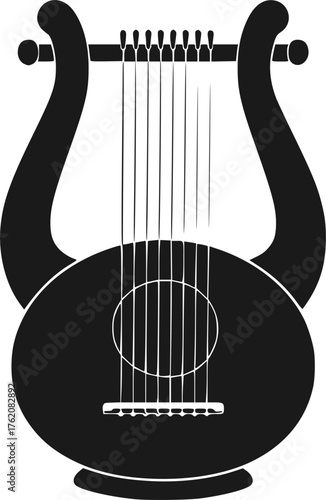 Black Vector Silhouette: Harp or Lyre (Praise & David) A detailed black vector silhouette of a Harp or Lyre (ancient stringed instrument), often associated with King David and themes of praise, music