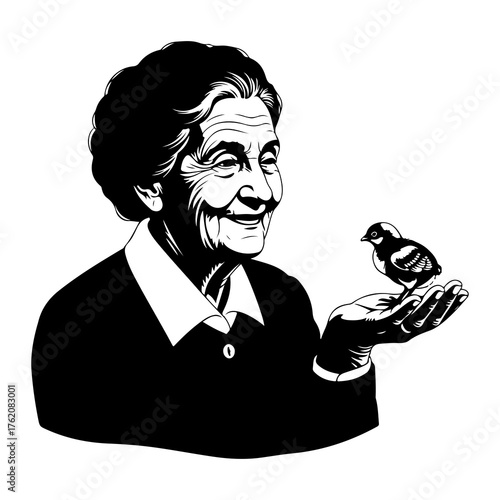 Elderly woman holding a small bird holding bird black and white