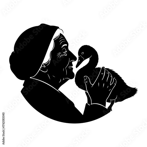 Elderly woman tenderly holding a duckling bird animal