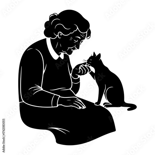 Elderly woman with cat animal interaction