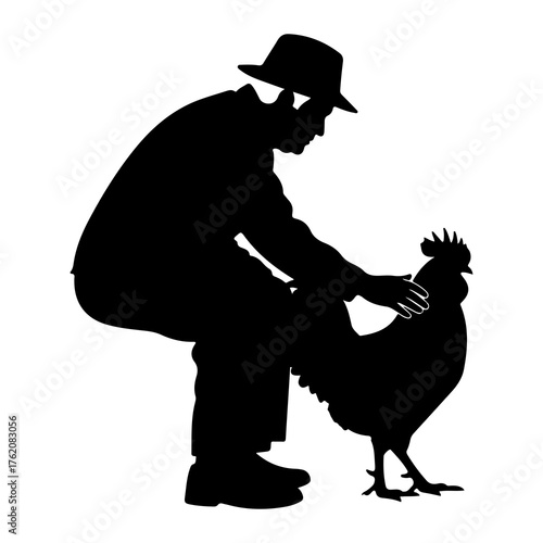Farmer petting rooster silhouette chicken bird