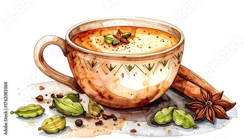 Fototapeta Naklejka Na Ścianę i Meble -  An artistic watercolor rendering showcases a cup brimming with spiced tea, surrounded by aromatic ingredients