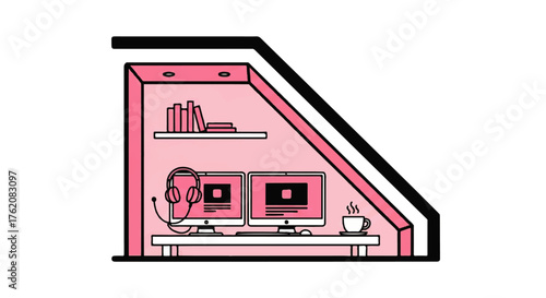 Cozy and functional under-stair home office setup with dual monitors and headset