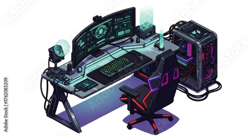 Isometric illustration of a futuristic home office workstation with a high-performance computer for gaming and streaming