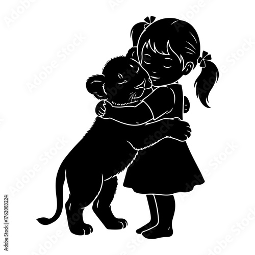 Girl hugging lion cub embrace friendship