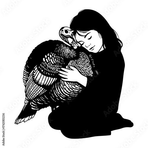 Girl hugging turkey embrace black and white