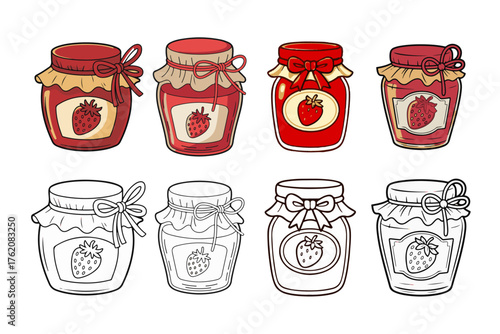 A Collection of Strawberry Jam Jars in Color and Outline Style for Various Designs