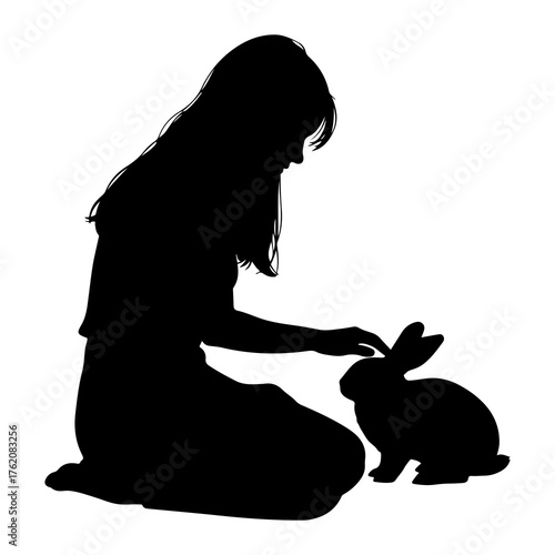 Girl petting rabbit silhouette black