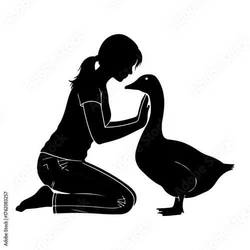 Girl Kneeling With Goose interaction animal