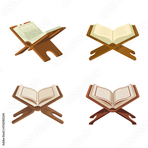 Set of four open books on wooden stands, symbolizing knowledge and study, presented in a clean, illustrative style