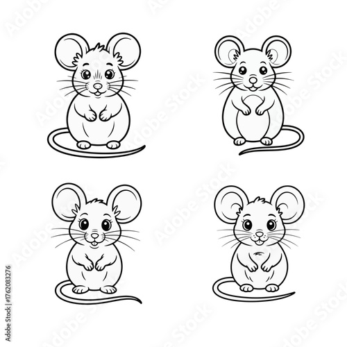 Set of four adorable cartoon mouse illustrations in black and white outline. Cute and simple animal characters for children's coloring book pages and creative projects