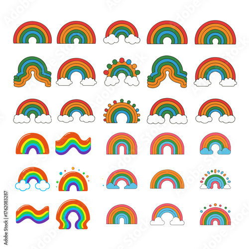 Collection of Rainbow Icons A Diverse Set of Colorful Arc Shapes and Cloud Illustrations for Design Projects and Decorative Use