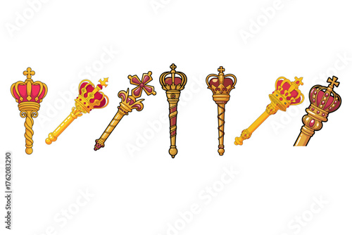 Collection of ornate golden royal scepters with crowns, symbolizing power and authority. Isolated vector illustration set for fantasy, medieval, or kingdom concepts