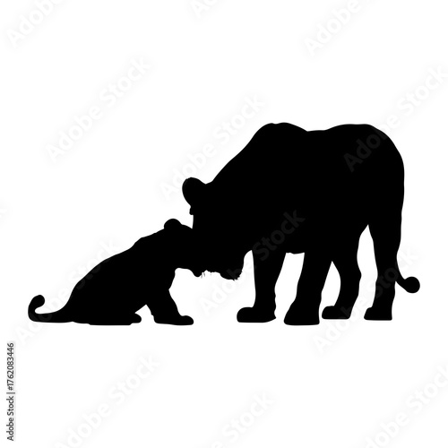 Lioness nurturing cub silhouette black