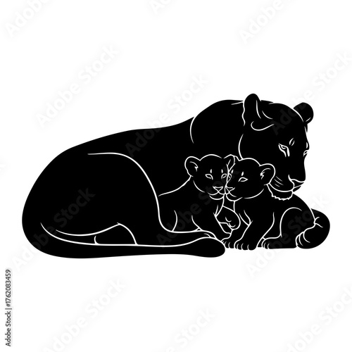 Lioness with cubs resting lions family