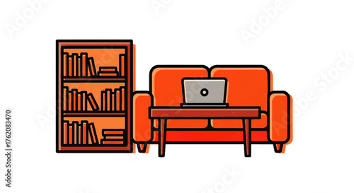Home office illustration with an orange sofa, laptop, and bookshelf, depicting a comfortable remote workspace for study, productivity, and modern living