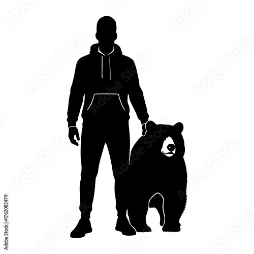 Man and bear silhouette black white
