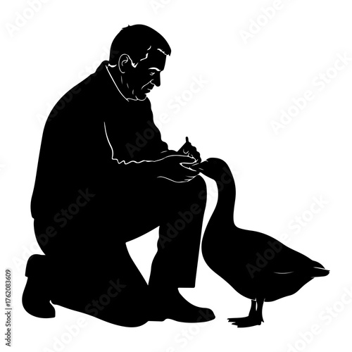 Man feeding goose black silhouette bird animal