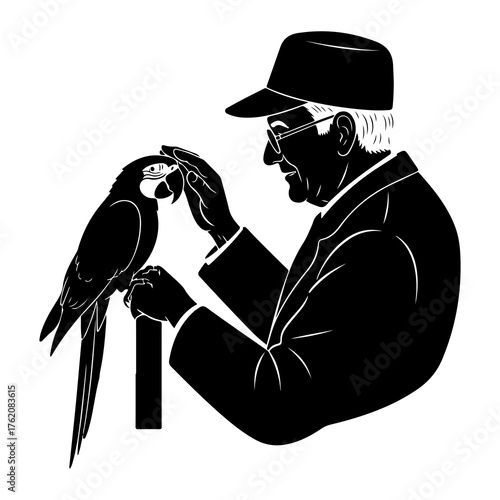Man gently touching parrot bird interaction