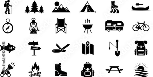 Collection of camping and outdoor adventure icons in vector format