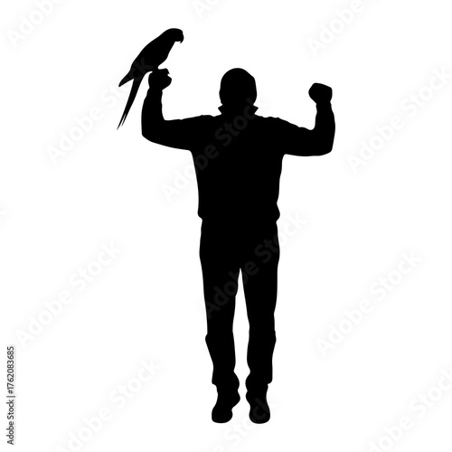 Man holding parrot raised arms silhouette bird