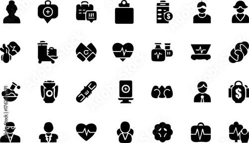 Collection of diverse medical business and lifestyle icons for graphic design