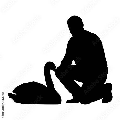 Man kneeling with swan silhouette bird