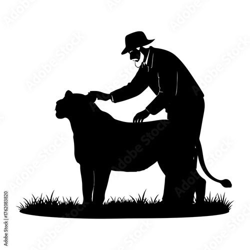 Man petting lion on grass animal wild