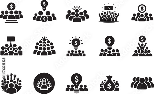 Icons showing collaborative finance, investment, crowd funding, and financial ideation
