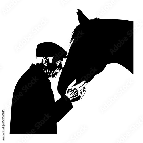Man touching horse head black and white