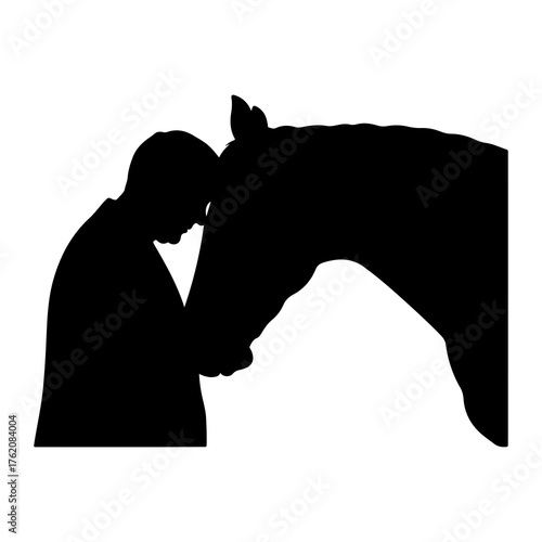 Person and horse touching foreheads silhouette human