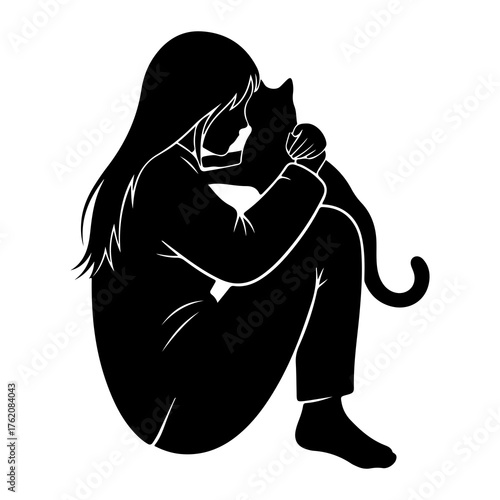 Person embracing feline companion black silhouette