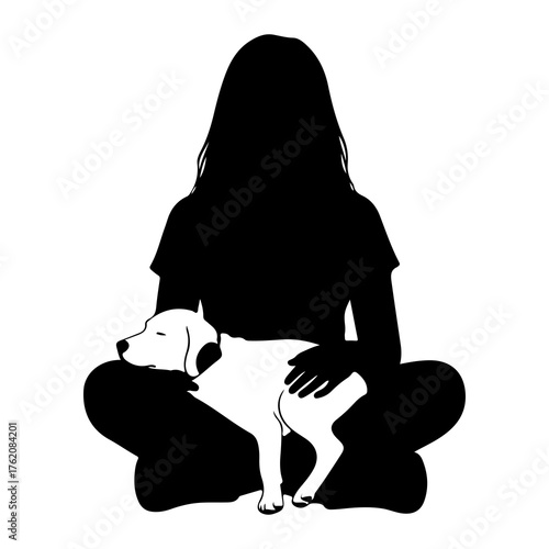 Person holding sleeping dog sitting cross-legged