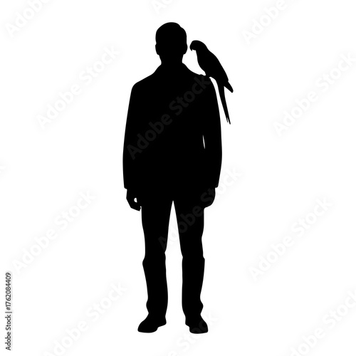 Silhouette man with parrot on shoulder bird