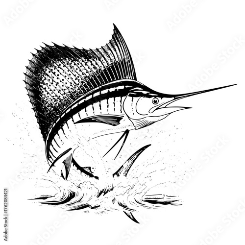 sailfish engraving white and black, vector illlustration